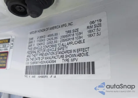 2019 Honda Cr-V Ex z USA, uszkodzony, nr VIN 5J6RW1H50KA040694